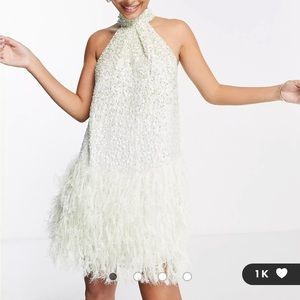 ASOS EDITION sequin halter mini dress with faux feather hem in sage green